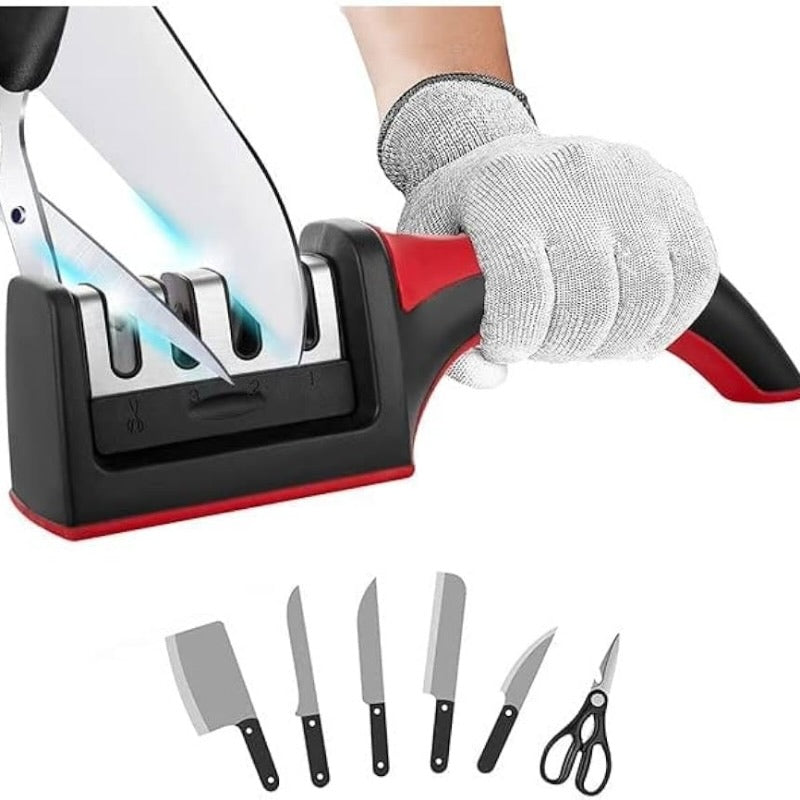 3-in-1 Knife Sharpener Set with Ceramic Peeler | 3-Stage Blade Sharpener & Non-Slip Handle