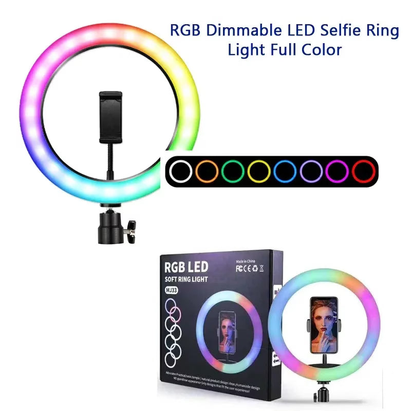 RGB LED Soft Ring Light MJ26 | 26cm (10.2”) |  Dimmable with Tripod & Phone Holder, 360° Color Modes
